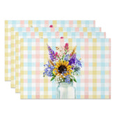 Aperturee - Aperturee Vase Floral Colorful Plaid Dining Set of 4 Placemats