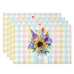 Aperturee - Aperturee Vase Floral Colorful Plaid Dining Set of 4 Placemats