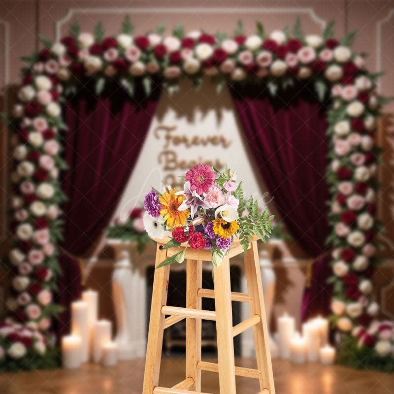 Aperturee - Aperturee Velvet Floral Curtain Candles Sweet Wedding Backdrop