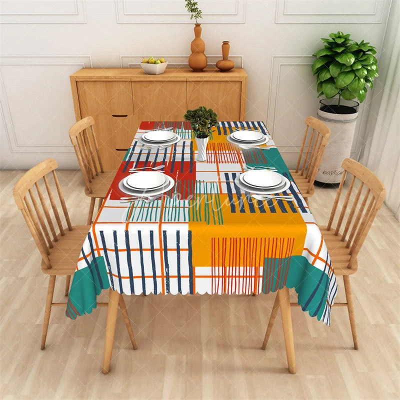 Aperturee - Aperturee Vibrant Abstract Geometric Pattern Rectangle Tablecloth with Grid Lines Modern Artistic Party Decor