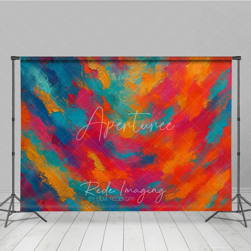 Aperturee - Aperturee Vibrant Abstract Photography Backdrop with Textured Brushstrokes Featuring Red Orange Blue and Gold Colors