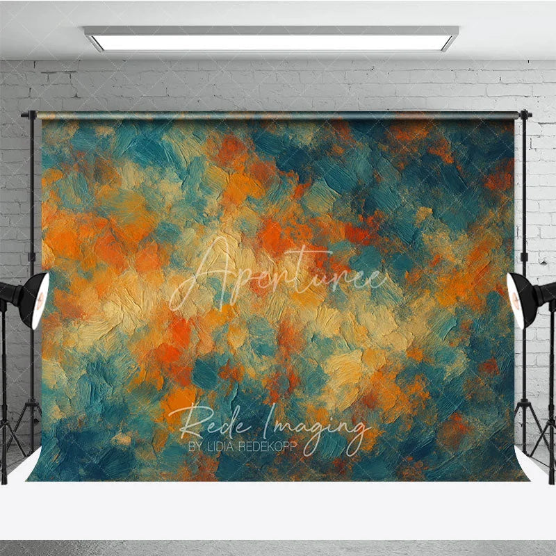 Aperturee - Aperturee Vibrant Abstract Textured Photography Backdrop Painterly Teal Orange Cream Brushstrokes Art Style