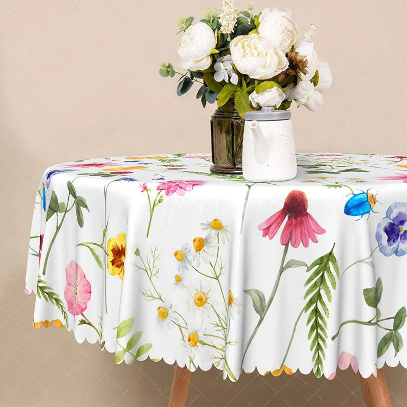 Aperturee - Aperturee Vibrant and Colorful Floral Round Tablecloth Modern Botanical Design for Spring and Summer Parties