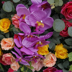 Aperturee - Aperturee Vibrant Artificial Flower Wall with Purple Orchids and Mixed Roses Lush Greenery Event Decor