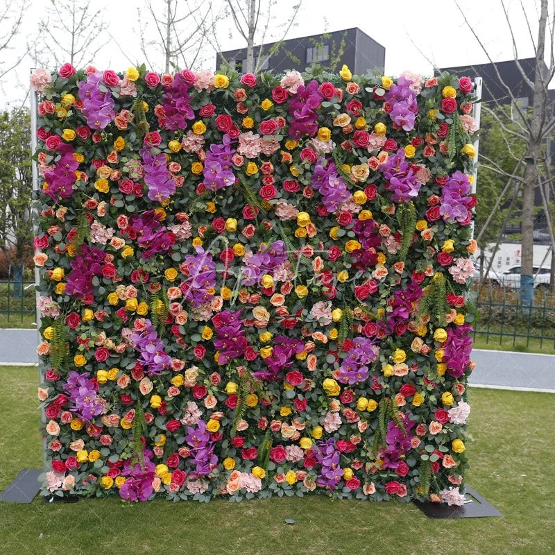 Aperturee - Aperturee Vibrant Artificial Flower Wall with Purple Orchids and Mixed Roses Lush Greenery Event Decor