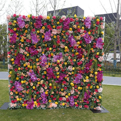 Aperturee - Aperturee Vibrant Artificial Flower Wall with Purple Orchids and Mixed Roses Lush Greenery Event Decor