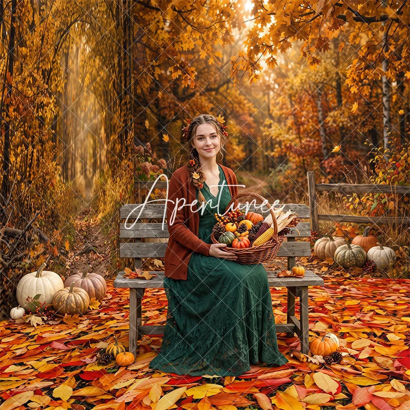 Aperturee - Aperturee Vibrant Autumn Forest Path with Fallen Leaves and Pumpkins Room Set Backdrop Warm Fall Harvest Photography Decor