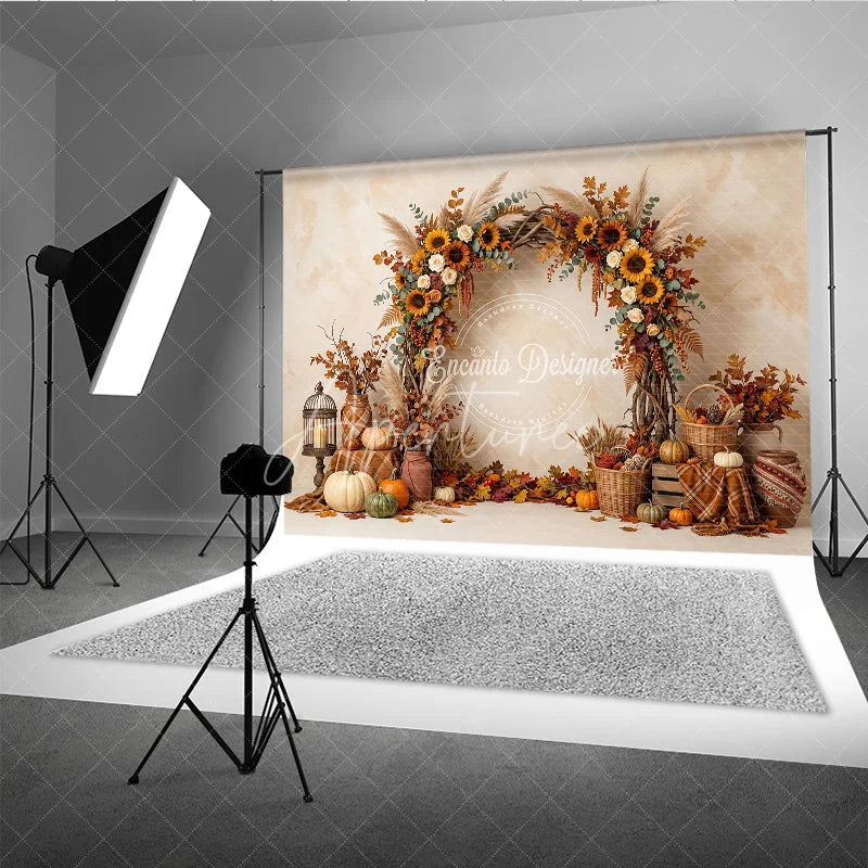 Aperturee - Aperturee Vibrant Autumn Harvest Photography Backdrop with Sunflowers Pumpkins and Rustic Fall Arch Decor for Seasonal Portraits