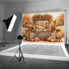 Aperturee - Aperturee Vibrant Autumn Market Stall Photography Backdrop with Sunflowers and Pumpkins Rustic Fall Harvest Festival Decor