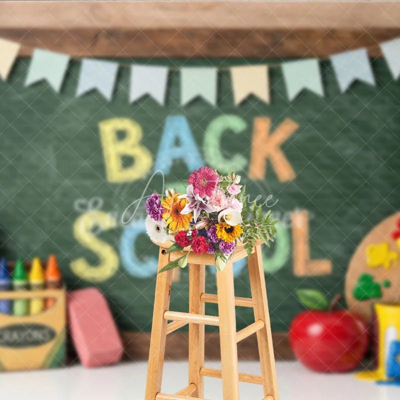 Aperturee - Aperturee Vibrant Back to School Chalkboard Photography Backdrop featuring Colorful Art Supplies and Festive Pennant Banners