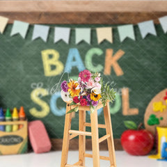 Aperturee - Aperturee Vibrant Back to School Chalkboard Photography Backdrop featuring Colorful Art Supplies and Festive Pennant Banners