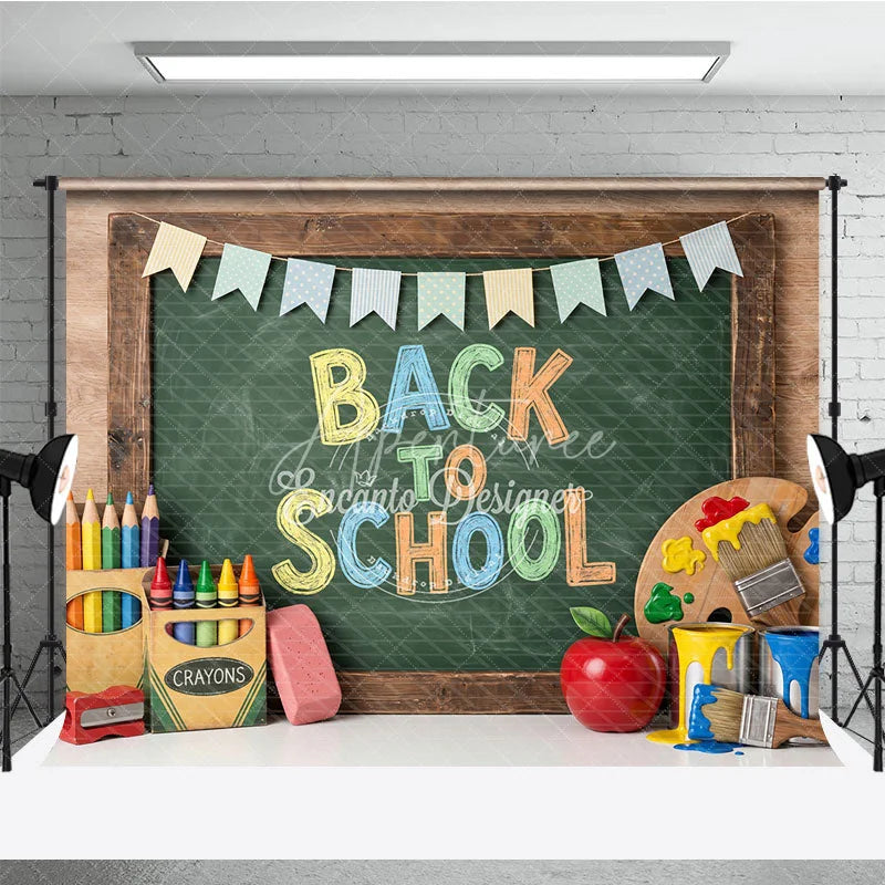 Aperturee - Aperturee Vibrant Back to School Chalkboard Photography Backdrop featuring Colorful Art Supplies and Festive Pennant Banners