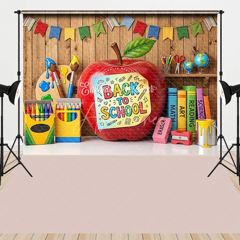 Aperturee - Aperturee Vibrant Back to School Combo Set Backdrop with Red Apple Classroom Supplies and Bunting Flags Decor