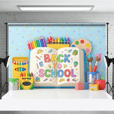 Aperturee - Aperturee Vibrant Back to School Photography Backdrop featuring Rainbow Pencils Crayons and Art Supplies for Kids