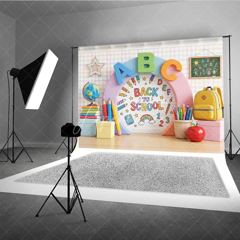 Aperturee - Aperturee Vibrant Back to School Photography Backdrop with ABC Letters Colorful Pencils and Classroom Elements