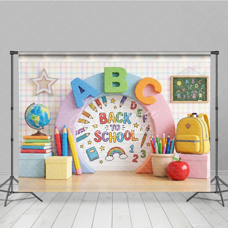 Aperturee - Aperturee Vibrant Back to School Photography Backdrop with ABC Letters Colorful Pencils and Classroom Elements