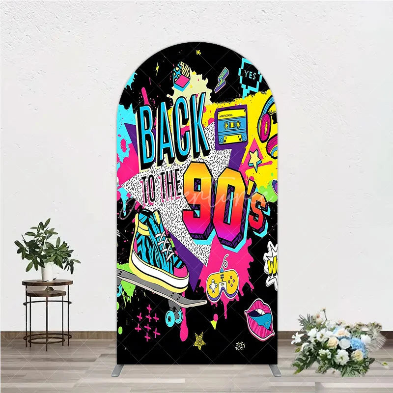 Aperturee - Aperturee Vibrant Back to the 90s Arch Backdrop Retro Skateboard and Cassette Tape Party Decor