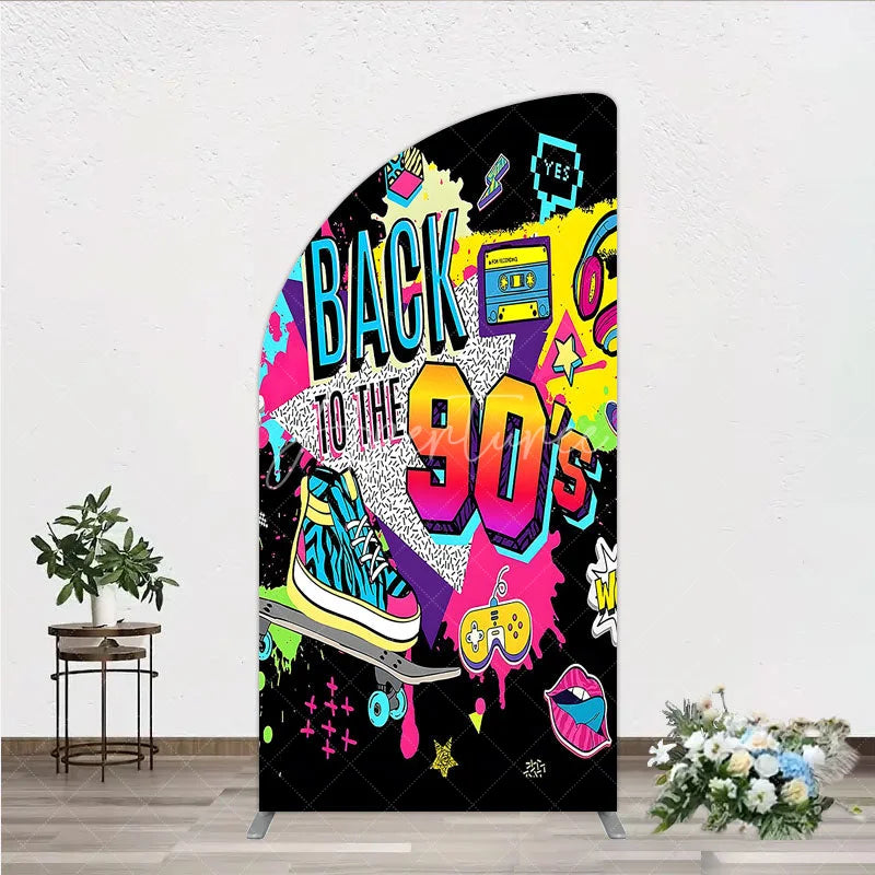 Aperturee - Aperturee Vibrant Back to the 90s Half Moon Arch Backdrop Retro Skateboard and Cassette Tape Party Decor