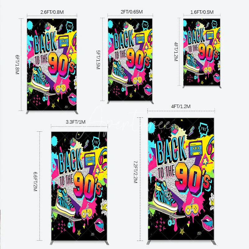 Aperturee - Aperturee Vibrant Back to the 90s Rectangle Backdrop Retro Skateboard and Cassette Tape Party Decor