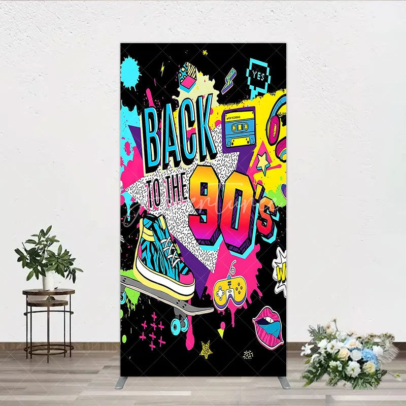 Aperturee - Aperturee Vibrant Back to the 90s Rectangle Backdrop Retro Skateboard and Cassette Tape Party Decor