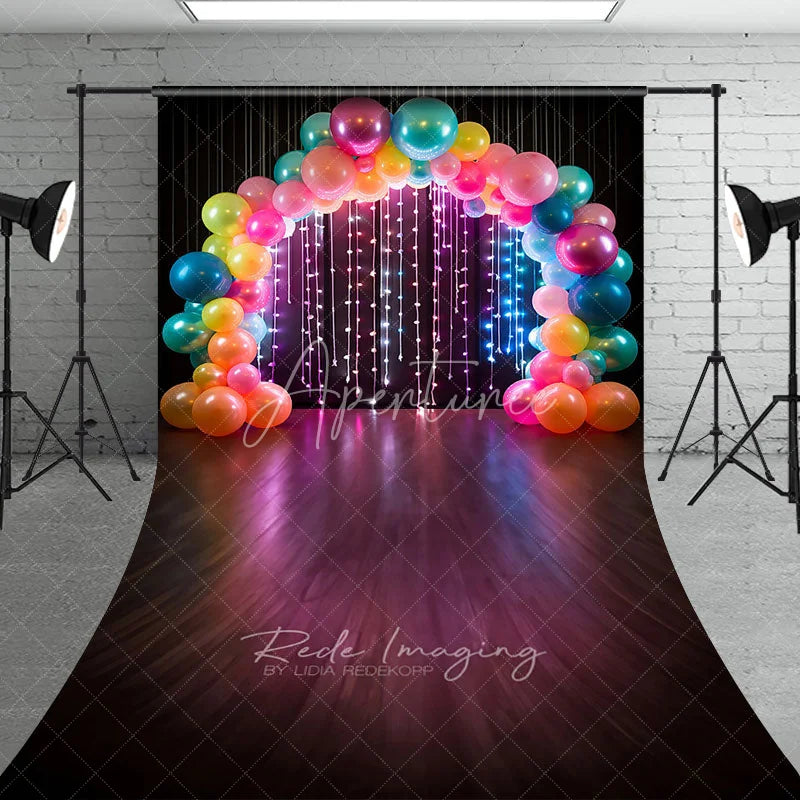 Aperturee - Aperturee Vibrant Balloon Arch and Lights Sweep Photo Backdrop Colorful Birthday Party Photography Background
