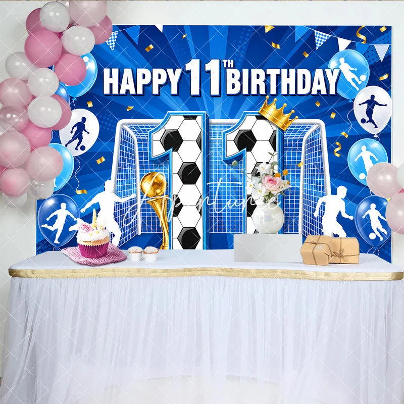 Aperturee - Aperturee Vibrant Blue and Gold Soccer Theme 11th Birthday Backdrop with Goal Trophy and Balloons Sports Party Decor