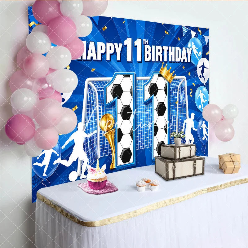 Aperturee - Aperturee Vibrant Blue and Gold Soccer Theme 11th Birthday Backdrop with Goal Trophy and Balloons Sports Party Decor