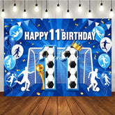 Aperturee - Aperturee Vibrant Blue and Gold Soccer Theme 11th Birthday Backdrop with Goal Trophy and Balloons Sports Party Decor