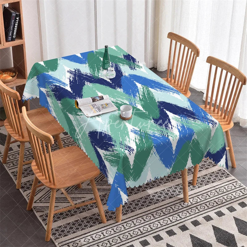 Aperturee - Aperturee Vibrant Blue and Green Brushstroke Chevron Rectangle Tablecloth Modern Abstract Pattern for Dining Decor