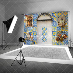 Aperturee - Aperturee Vibrant Blue and Yellow Mediterranean Tile Photography Backdrop Rustic European Kitchen Patio Decor