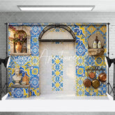 Aperturee - Aperturee Vibrant Blue and Yellow Mediterranean Tile Photography Backdrop Rustic European Kitchen Patio Decor