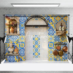Aperturee - Aperturee Vibrant Blue and Yellow Mediterranean Tile Photography Backdrop Rustic European Kitchen Patio Decor