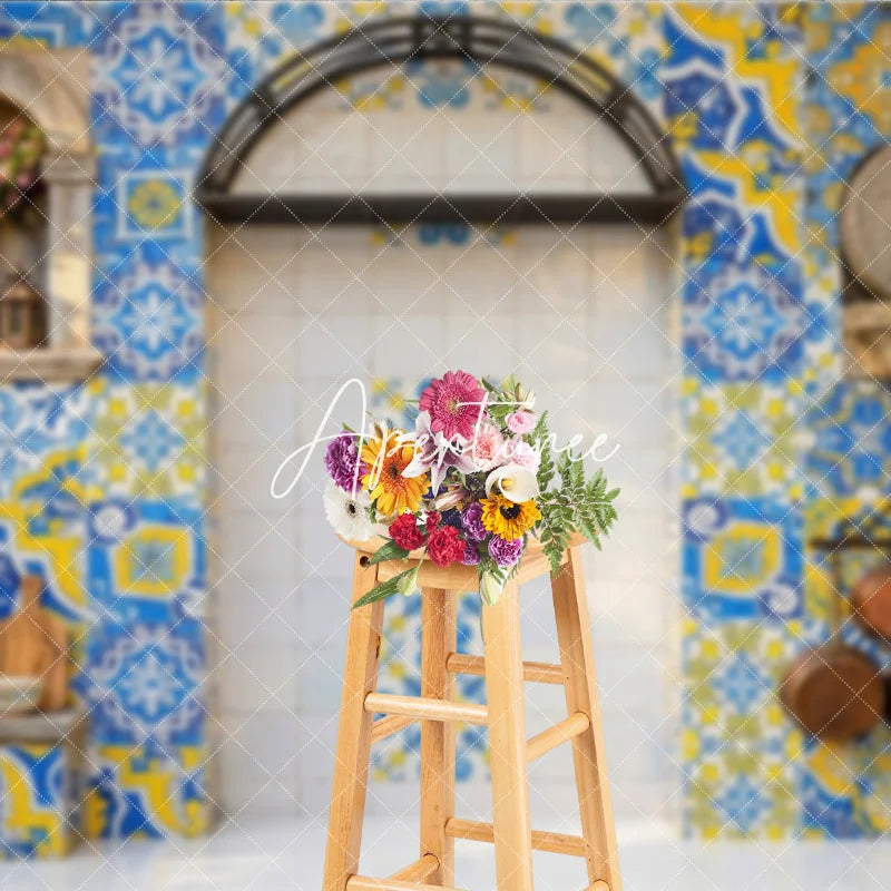 Aperturee - Aperturee Vibrant Blue and Yellow Mediterranean Tile Photography Backdrop Rustic European Kitchen Patio Decor
