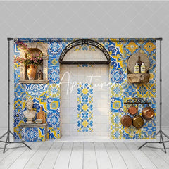 Aperturee - Aperturee Vibrant Blue and Yellow Mediterranean Tile Photography Backdrop Rustic European Kitchen Patio Decor