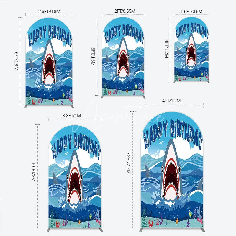 Aperturee - Aperturee Vibrant Blue Ocean Shark Happy Birthday Arch Backdrop Kit Under the Sea Adventure Party Decor for Kids