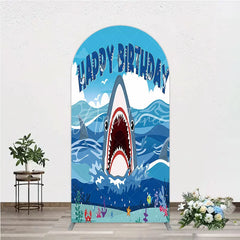 Aperturee - Aperturee Vibrant Blue Ocean Shark Happy Birthday Arch Backdrop Kit Under the Sea Adventure Party Decor for Kids