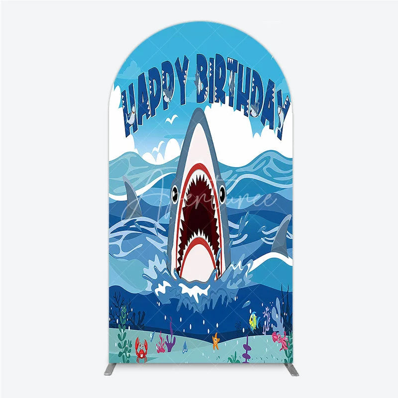 Aperturee - Aperturee Vibrant Blue Ocean Shark Happy Birthday Arch Backdrop Kit Under the Sea Adventure Party Decor for Kids