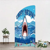 Aperturee - Aperturee Vibrant Blue Ocean Shark Happy Birthday Half Moon Arch Backdrop Kit Under the Sea Adventure Party Decor for Kids