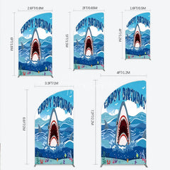Aperturee - Aperturee Vibrant Blue Ocean Shark Happy Birthday Half Moon Arch Backdrop Kit Under the Sea Adventure Party Decor for Kids