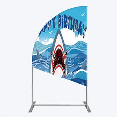 Aperturee - Aperturee Vibrant Blue Ocean Shark Happy Birthday Half Moon Arch Backdrop Kit Under the Sea Adventure Party Decor for Kids