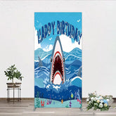 Aperturee - Aperturee Vibrant Blue Ocean Shark Happy Birthday Rectangle Backdrop Kit Under the Sea Adventure Party Decor for Kids