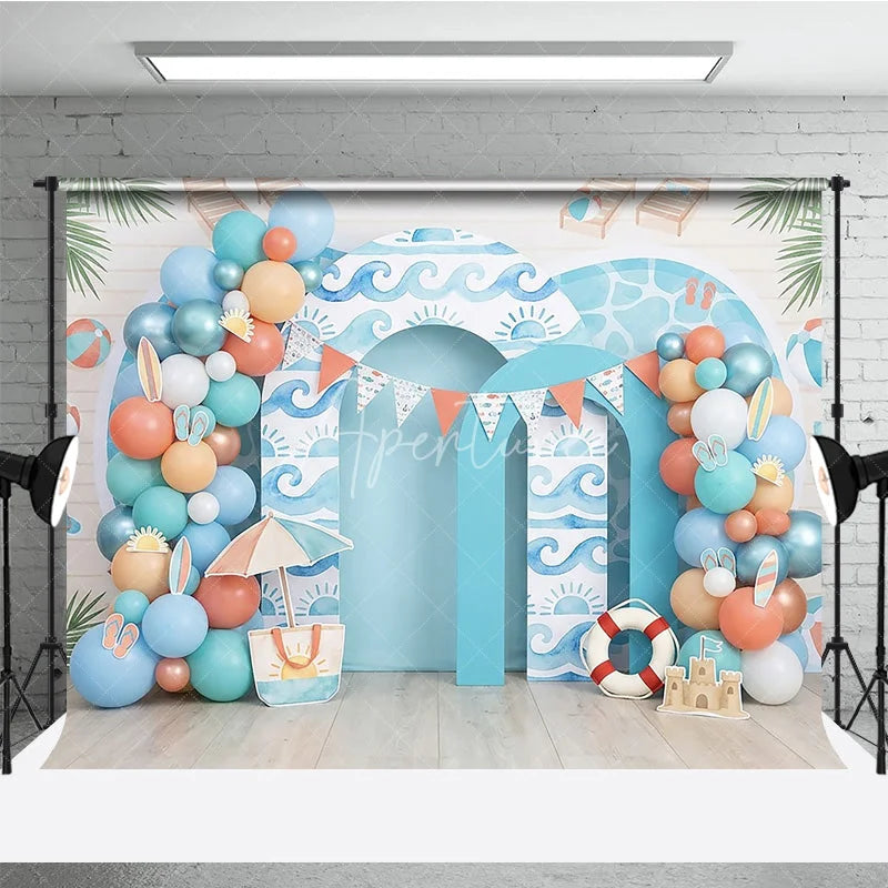 Aperturee - Aperturee Vibrant Blue Ocean Waves and Summer Beach Photography Backdrop featuring Colorful Balloons and Sandcastle Decor