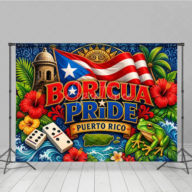 Aperturee - Aperturee Vibrant Boricua Pride Puerto Rico Flag Holiday Backdrop with El Morro Coqui Frog and Tropical Flowers