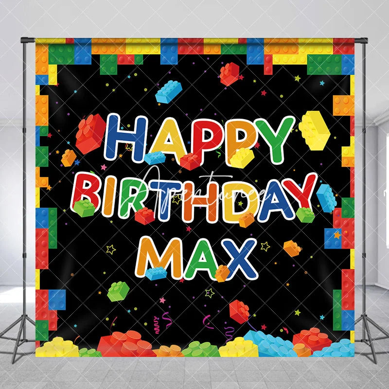 Aperturee - Aperturee Vibrant Building Blocks Happy Birthday Personalized Custom Backdrop Kids Party Decoration for Boys and Girls