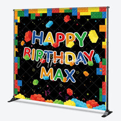 Aperturee - Aperturee Vibrant Building Blocks Happy Birthday Personalized Custom Backdrop Kids Party Decoration for Boys and Girls