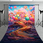 Aperturee - Aperturee Vibrant Candy Land Sweep Backdrop with Colorful Lollipops Whimsical Sweet Dreamscape for Kids Birthday Party