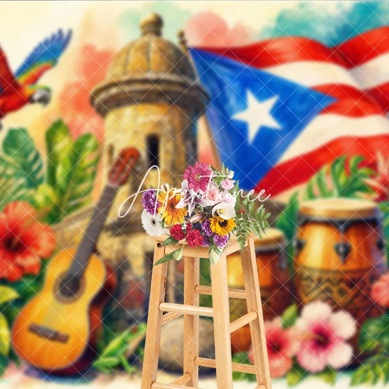 Aperturee - Aperturee Vibrant Caribbean Tropical Holiday Backdrop with Red White Blue Flag Historic Stone Tower and Musical Instruments