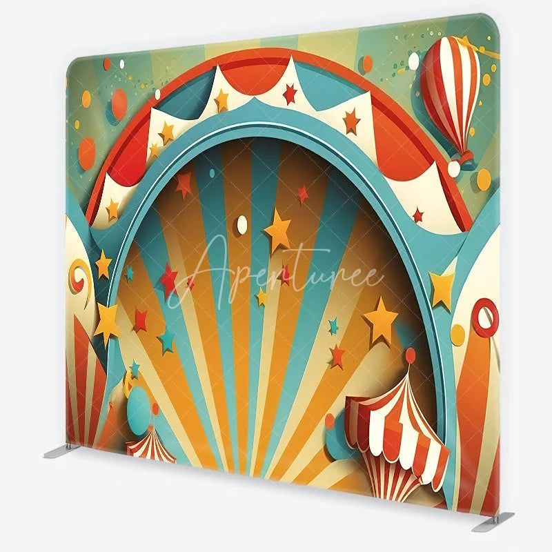 Aperturee - Aperturee Vibrant Carnival Circus Theme Square Double-Sided Backdrop featuring Stars and Hot Air Balloon for Party Decor