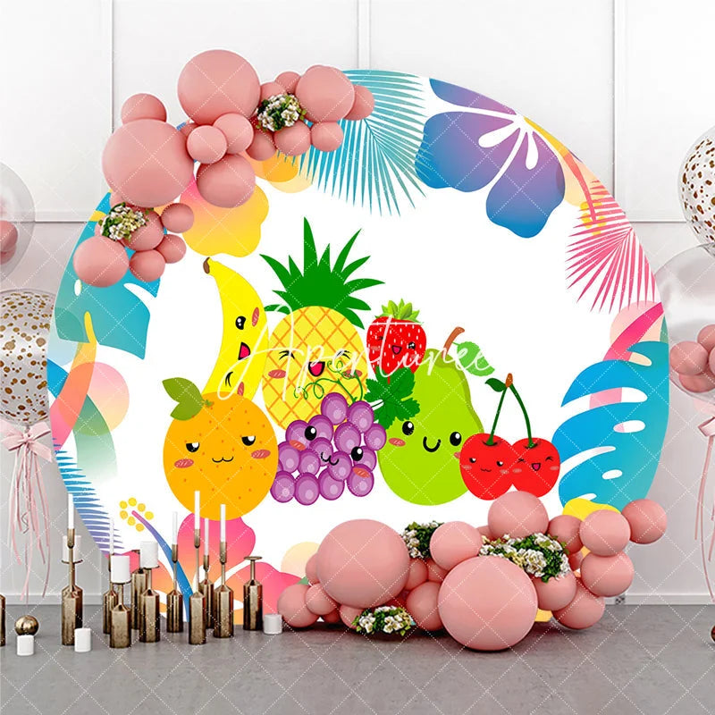 Aperturee - Aperturee Vibrant Cartoon Fruit and Tropical Leaves Round Backdrop Cute Summer Birthday Baby Shower Party Decoration