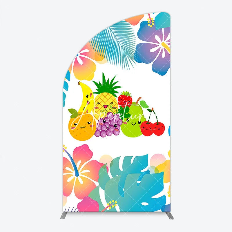 Aperturee - Aperturee Vibrant Cartoon Fruit Half Moon Arch Backdrop with Tropical Leaves Cheerful Summer Birthday Party Decor